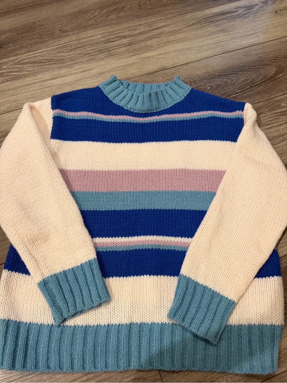 Striped Cowl-Neck Sweater in Cream, Blue, Pink & Teal